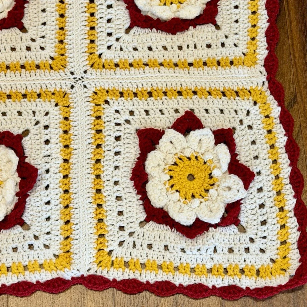 VTG Crochet Granny‎ Square Blanket 3D Floral Throw 48x50 Cottagecore Boho Retro
